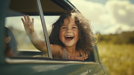 Fototapeta na wymiar Happy children stretches her arms while sticking out car window. Lifestyle, travel, tourism, nature..family, travel, children, trip, journey, transportation