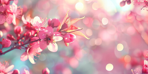 Fototapeta premium Spring background with pink cherry blossoms on blurred bokeh lights background. Springtime banner template, pink sakura