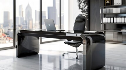 A modern office table with a black finish, a glass top, and a minimalist design.