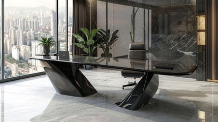 A modern office table with a black finish, a glass top, and a minimalist design.