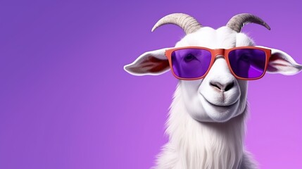 goat wearing sunglasses on a purple background