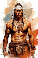 Watercolor sketch. Portrait of ferocious athletic North American Indian warrior - 762031103