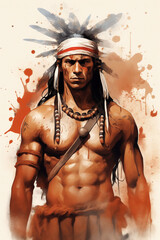 Watercolor sketch. Portrait of ferocious athletic North American Indian warrior - 762031114