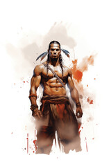 Watercolor sketch. Portrait of ferocious athletic North American Indian warrior - 762031128