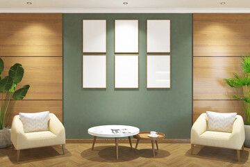 3d rendering interior scandinavian of guest room with wood panel, armchair, coffee table and 6 frames mock up. Green wall and light wood panel background. Set 2