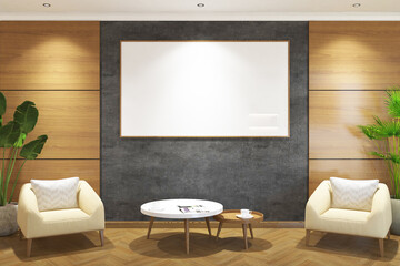 3d rendering interior scandinavian of guest room with wood panel, armchair, coffee table and frame mock up. Concrete wall and light wood panel background. Set 3