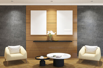 3d rendering interior scandinavian of guest room with wood panel, armchair, coffee table and 2 frame smock up. Concrete wall and light wood panel background. Set 9