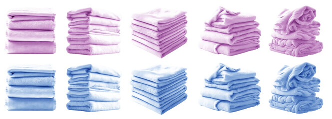 2 Set of pile stack heap of folded crumpled pastel light blue purple bath towel rug on transparent background cutout, PNG file. Mockup template for artwork graphic design	
