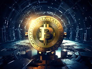 Cryptocurrency and bitcoin global network with secure vault background