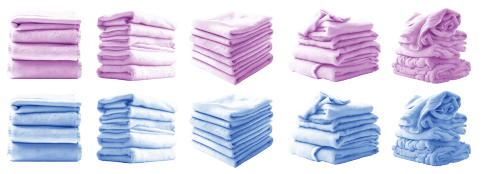 2 Set of pile stack heap of folded crumpled pastel light blue purple bath towel rug on transparent background cutout, PNG file. Mockup template for artwork graphic design	
