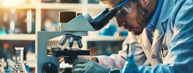 A male scientist conducts medical and pharmaceutical research using a microscope in a laboratory setting - obrazy, fototapety, plakaty