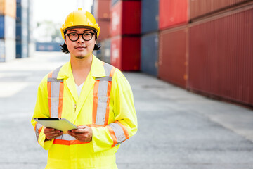 Portrait of Asian man engineer working with tablet at containers works at a container yard. Shipping business management and international goods import-export. Concept of Logistic operation. Diversity - 762032569