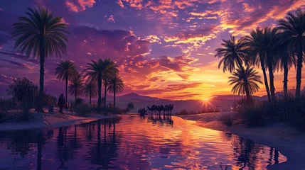 Gordijnen A tranquil oasis scene at sunset with silhouettes of camels and towering palm trees reflected in water. Resplendent. © Summit Art Creations