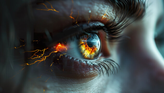 Close-up of an eye experiencing vitreous degeneration leading to floaters and flash of light. 