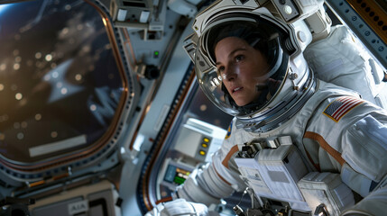 An American woman astronaut, clad in a space suit, is inside a capsule orbiting the Earth. - Powered by Adobe