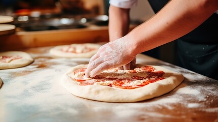 Obraz na płótnie Canvas close up of chef making delicious pizza