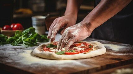 close up of chef making delicious pizza - obrazy, fototapety, plakaty