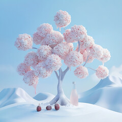ein Baum voller Eis Litschi, in weißer eisiger Welt, realistische, helle, verschneite Szene, Flasche, Litschi, weiß, hellrosa, a tree full of ice lychee, in white icy world, realistic, bright, snowy 