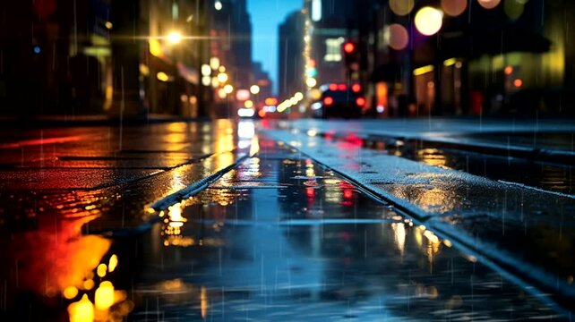 Wet street scene after rain, animated virtual repeating seamless 4k	
