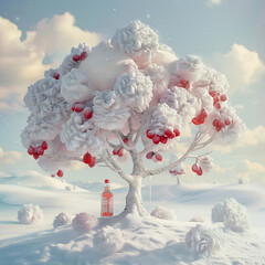 ein Baum voller Eis Litschi, in weißer eisiger Welt, realistische, helle, verschneite Szene, Flasche, Litschi, weiß, rot, a tree full of ice lychee, in white icy world, realistic, bright, snowy scene,