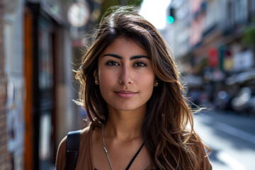 Confident latina woman portrait with a city backdrop - obrazy, fototapety, plakaty