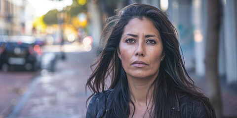 Confident latina woman portrait with a city backdrop