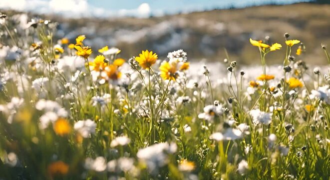 A vast field filled with blooming yellow and white flowers swaying gently in the breeze under the clear blue sky, landscape