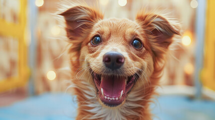 A smiling dog at a shelter radiates happiness, its bright expression full of optimism for a future family. - obrazy, fototapety, plakaty