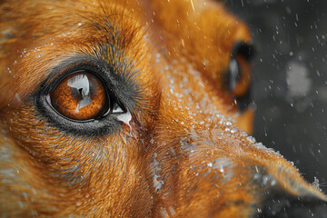 A dog's face dusted with snowflakes, its eyes reflect resilience and the stark beauty of life in a dog shelter during winter. - obrazy, fototapety, plakaty