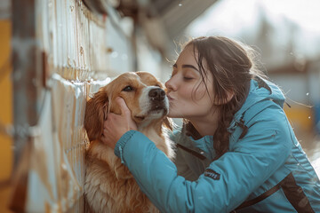 Woman kissing a golden retriever, a tender moment of human-animal connection in a soft, outdoor settin