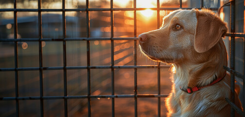 A golden Labrador gazes through a fence at sunset, symbolizing hope and yearning in the golden...