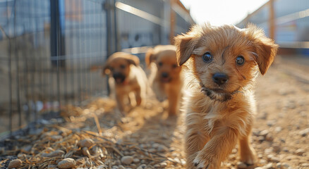 A group of puppies at a shelter playfully explore their surroundings, inviting compassion and the promise of a new home. - obrazy, fototapety, plakaty