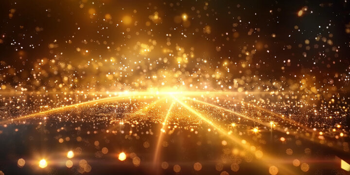 golden light rays and sparkles line, empty room with Golden lights rays scene with glitter background, banner, christmas