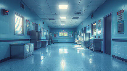 An empty veterinary clinic lobby bathed in sunlight with a gurney and medical supplies, ready for pet care - obrazy, fototapety, plakaty