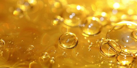 gold oil bubbles in yellow oil liquid background, banner