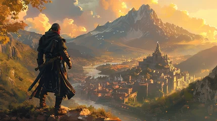 Foto op Canvas A warrior standing on hill with a fantasy castle town in the background © meta