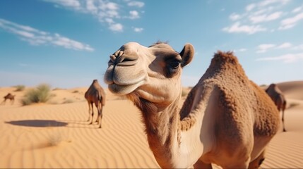 portrait of a camel in the desert during the day
