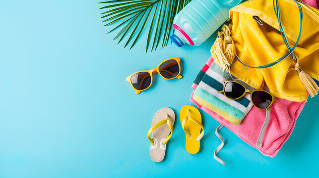 A top view of a colorful beach bag filled with summer essentials like a beach towel, sunglasses, flip - flops, and a water bottle, arranged on a bright blue background