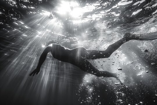 Glide of a swimmer underwater, the light creating a dreamlike quality, showcasing aquatic athleticism and elegance.