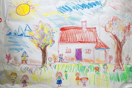 The hand drawing colourful picture of the house that has been drawn by colored pencil, crayon or chalk on the white blank background that seem to be drawn by the child that willing to draw. AIGX01.