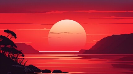 A mesmerizing digital art illustration of a tranquil sunset over the ocean  silhouetted landscapes and a radiant red sky captivate the viewer