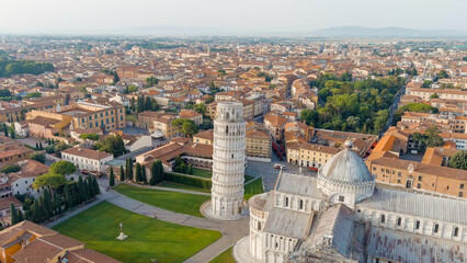 Pisa, Italy. Famous Leaning Tower and Pisa Cathedral in Piazza dei Miracoli. Summer. Morning hours,...