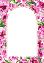 Bougainvillea with flowers and leaves card with copy space. Hand drawn watercolor illustration isolated on white background