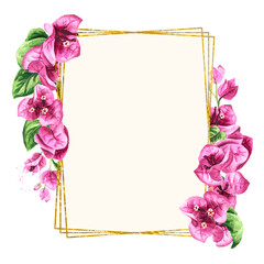 Bougainvillea with flowers and leaves card with copy space, Hand drawn watercolor illustration, isolated on white background