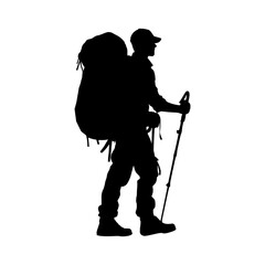 Black silhouette of a standing backpacker. vector illustration of a hiker.
