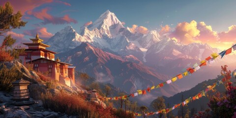 A serene temple adorned with colorful prayer flags stands against the backdrop of majestic snowy mountains illuminated by the sunrise. Resplendent. - obrazy, fototapety, plakaty