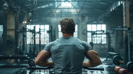 The back view of a focused athlete engaged in heavy weightlifting, showcasing strength and determination in a state-of-the-art gym environment.