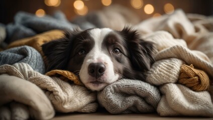 This image captures a dog lying on a knitted blanket beside balls of yarn, evoking feelings of comfort