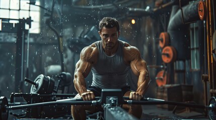 A muscular athlete is captured mid-stroke on an indoor rowing machine, showcasing determination and strength as sweat glistens on his well-defined muscles.