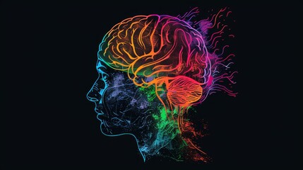 An artistic representation of a human profile with a vibrant display of neural activity in the brain, symbolizing thought, intelligence, and cognitive processes.